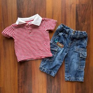 Baby Togs Skechers Y2K Skater Set Red Striped Polo Cargo Jeans 6-9 Months